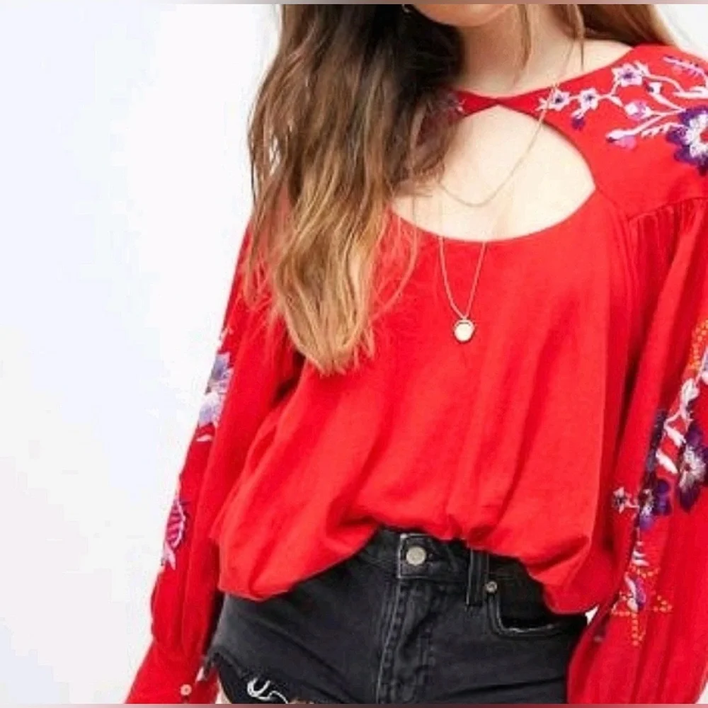 Free People Red Floral Embroidered Blouse